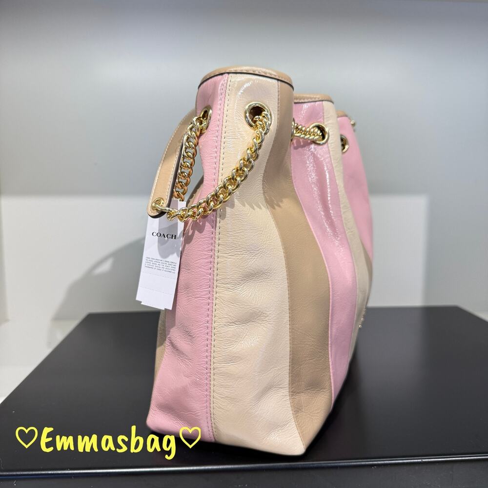 NWT Coach Evelyn Shoulder Bag With Striped Patchwork CDW41 Gold/Taupe Multi - Picture 2 of 8
